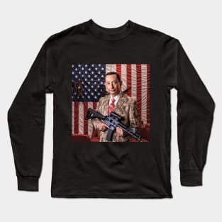 Pee Wee Herman with machine gun, USA flag behind Long Sleeve T-Shirt